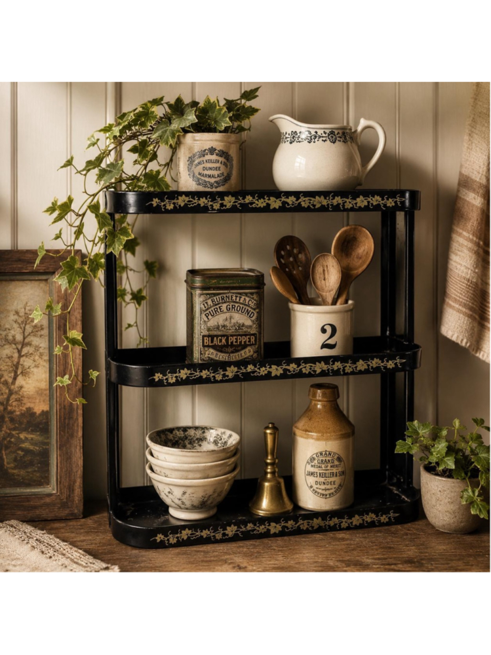 Vintage Black Metal Wall Shelf 3 Tier Gold Ivy Spice Rack Chippy Patina Cottage - Picture 2 of 10